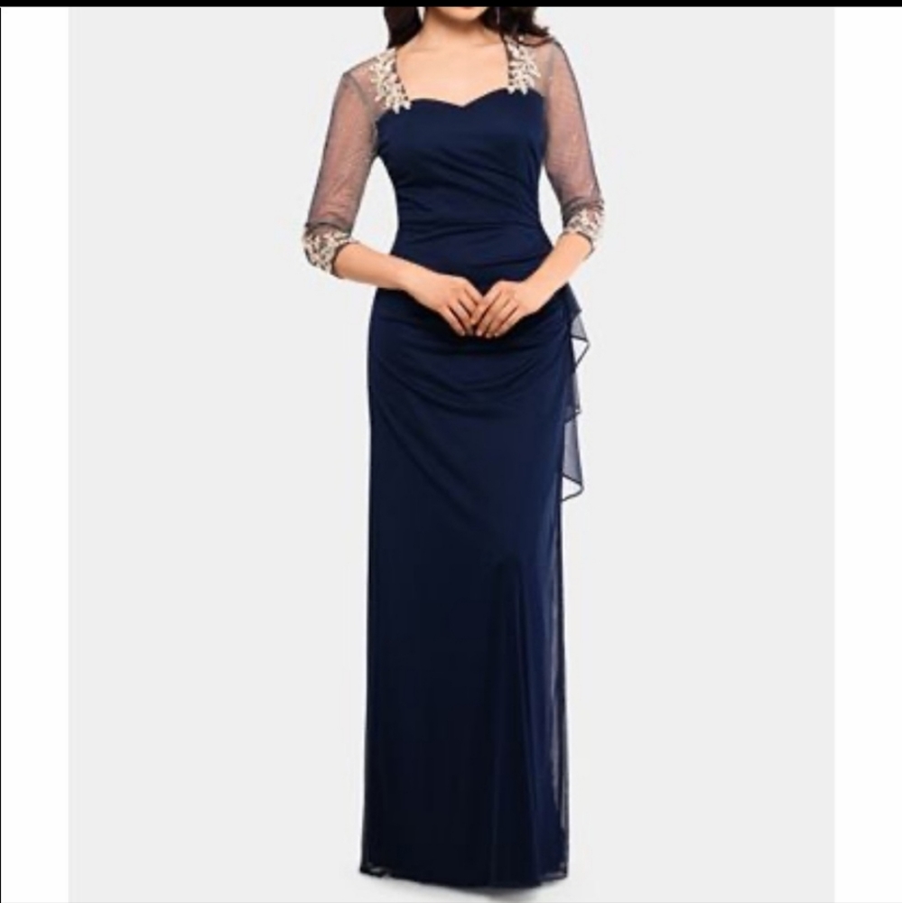 Xscape embellished navy gold Ruched Illusion sleeve chiffon dress gown size 4P